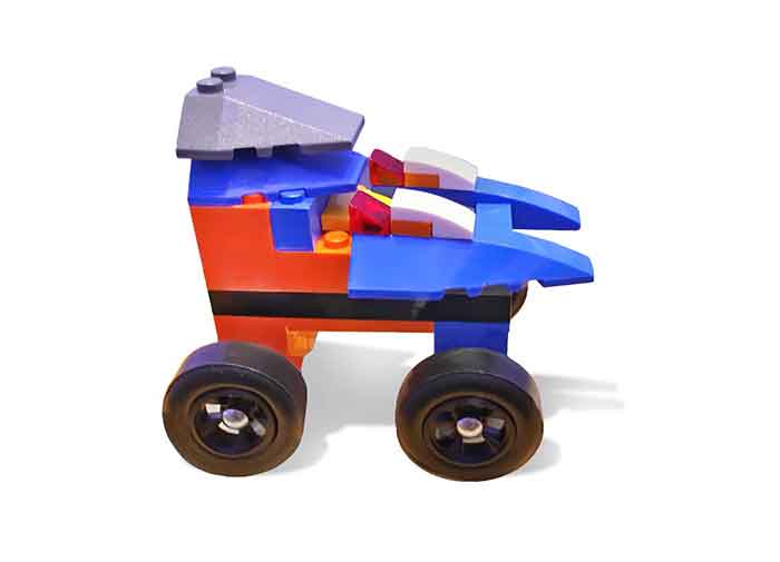 Black, blue and orange pinewood derby LEGO car