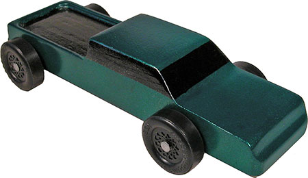 Completed Pickup pinewood derby car painted green