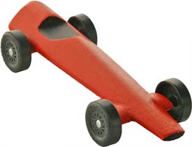 Example of a completed Rocket pinewood derby car.
