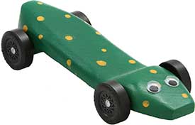 Pinewood derby block painted to look like a snake.